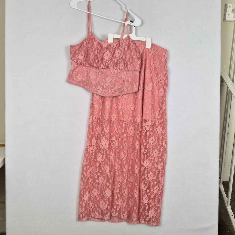 Pink Floral Lace 2 Piece Set Crop Top Maxi Skirt XL 16-18 Boho Feminine Romantic